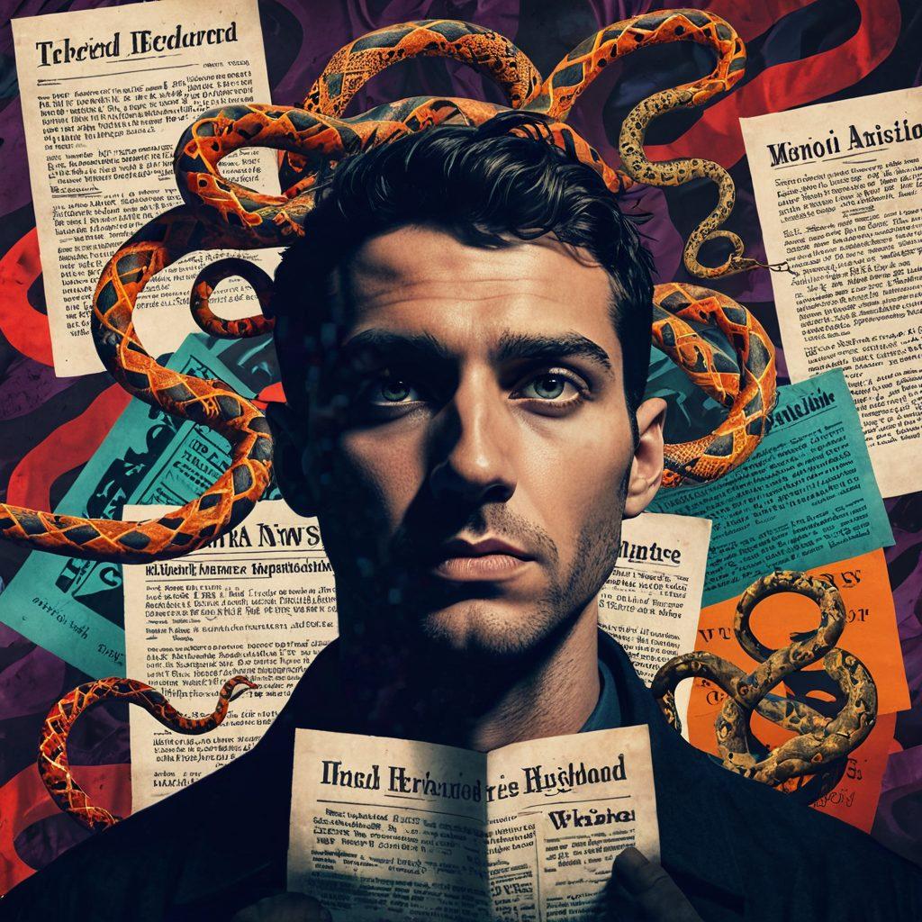 A surreal collage of a digital interface with ominous shadows morphing into confusing news articles and social media posts; intertwined serpents symbolize manipulation, as a conflicted human face gazes into the chaos. abstract, dystopian, vibrant colors.