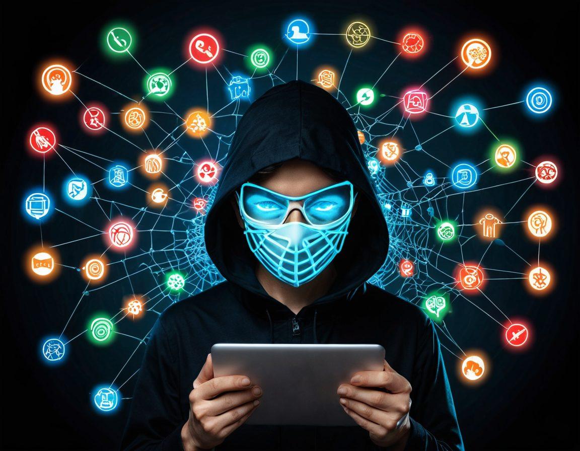A person pulling off a mask of the internet, revealing a tangled web of deceitful icons like fake news, phishing emails, and scam alerts. Dark background contrasted with glowing alerts to signify danger. Blend of modern and surrealistic elements. dark theme. high contrast. vibrant yet ominous colors. digital illustration.
